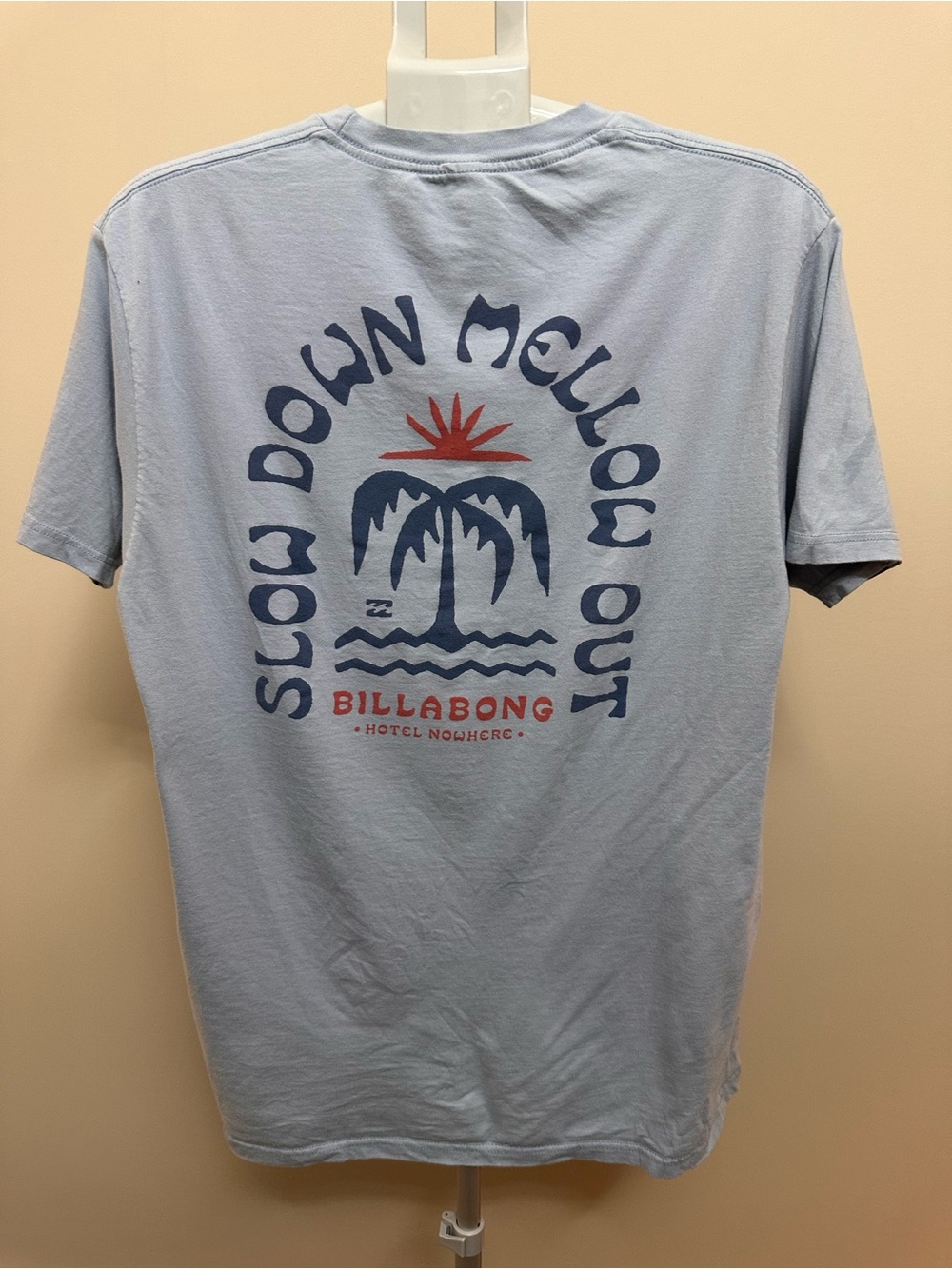 Billabong Light Blue Short Sleeve Graphic Tee with Navy & Red Print